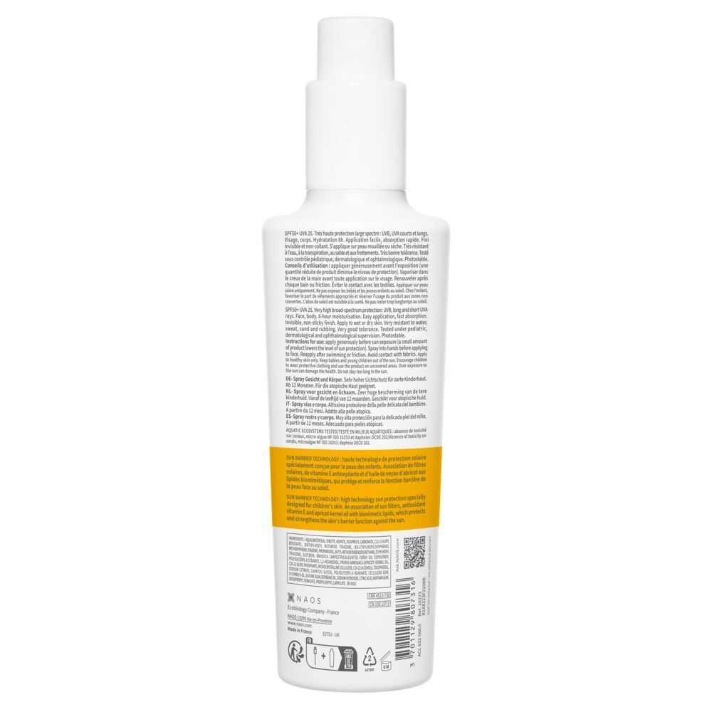 Rückseite der weißen Sprühflasche. Text und Logos. Gelber Streifen am unteren Rand.
