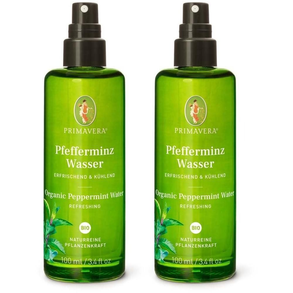 Zwei grüne Sprühflaschen mit schwarzem Sprühkopf. Aufschrift: PRIMAVERA Pfefferminz Wasser, Organic Peppermint Water, BIO-Siegel.