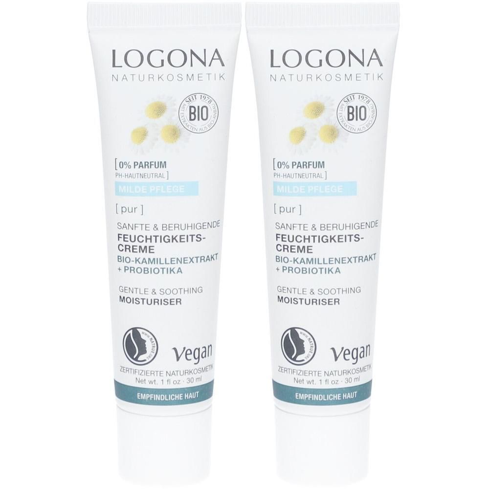 Zwei weiße Tuben mit Produktinformationen. Aufschrift: LOGONA, Bio-Kamillenextrakt, sanfte Feuchtigkeitspflege, Vegan.