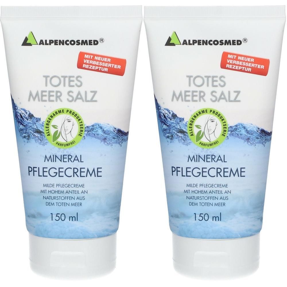 Zwei Tuben Pflegecreme. Aufschrift: Totes Meer Salz, Mineral Pflegecreme. Logo: AlpenCosmed. Rote Aufschrift: Mit neuer verbesserter Rezeptur.
