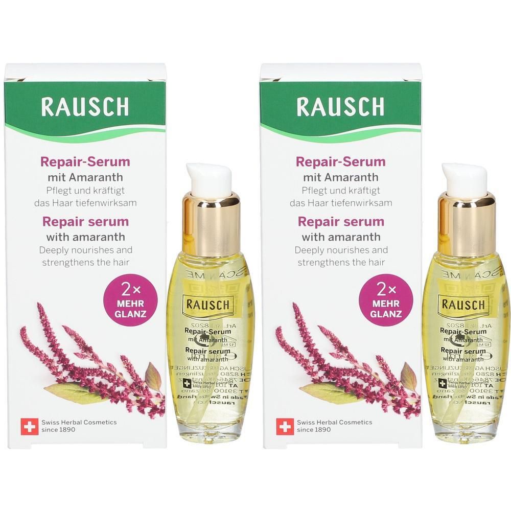 Zwei Flaschen Repair-Serum mit Amaranth, neben zwei Verpackungen. Goldfarbene Flaschen mit weißem Pumpkopf. Verpackung mit Text und Logo.