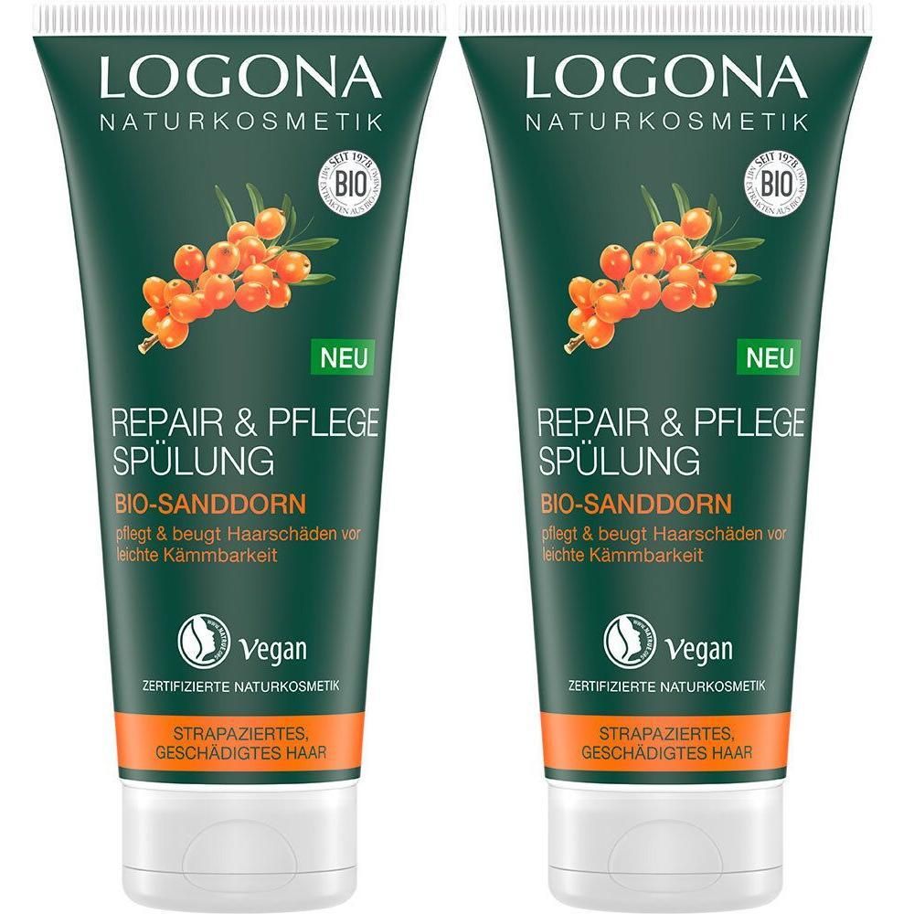 Zwei Tuben LOGONA Repair & Pflege Spülung Bio-Sanddorn. Grün-orangefarbene Verpackung mit Produktnamen und Bio-Siegel. Vegan.