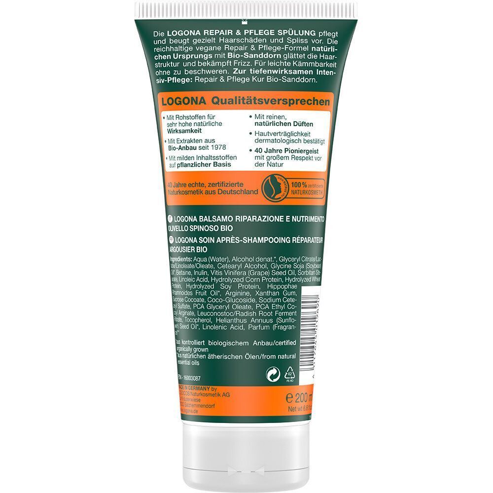 Rückseite einer Tube LOGONA Repair & Pflege Spülung Bio-Sanddorn. Text mit Inhaltsstoffen, Qualitätsversprechen und Bio-Siegel.