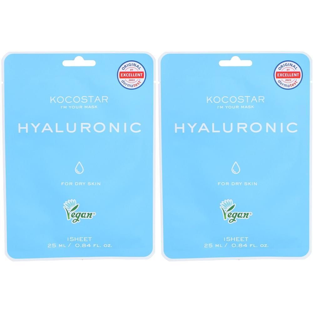 Zwei KOCOSTAR Hyaluronic Mask Sheet. Blaue Verpackung mit weißer Schrift. Vegan-Siegel. "Original Excellent"-Siegel.
