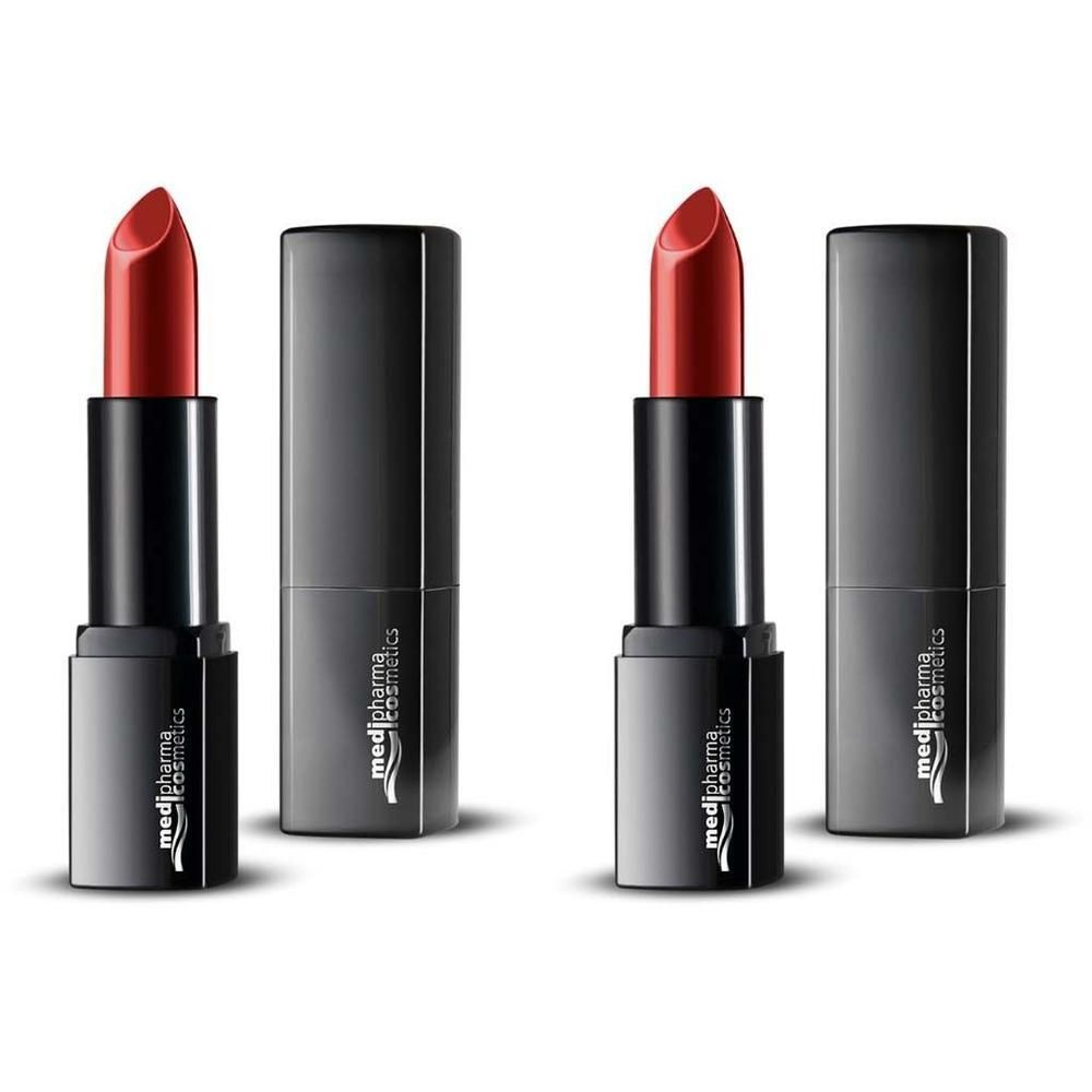Zwei Lippenstifte, rot, in schwarzen Hüllen. Marke: medipharma cosmetics.