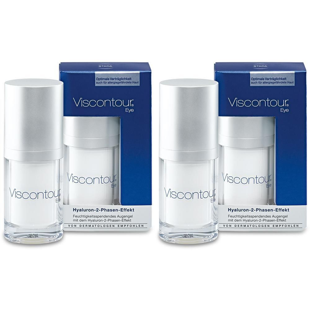 Mehrere Flaschen Viscontour® Eye Augengel mit Verpackung. Blaue Schachteln, silberne Flaschen. Produktname deutlich sichtbar.