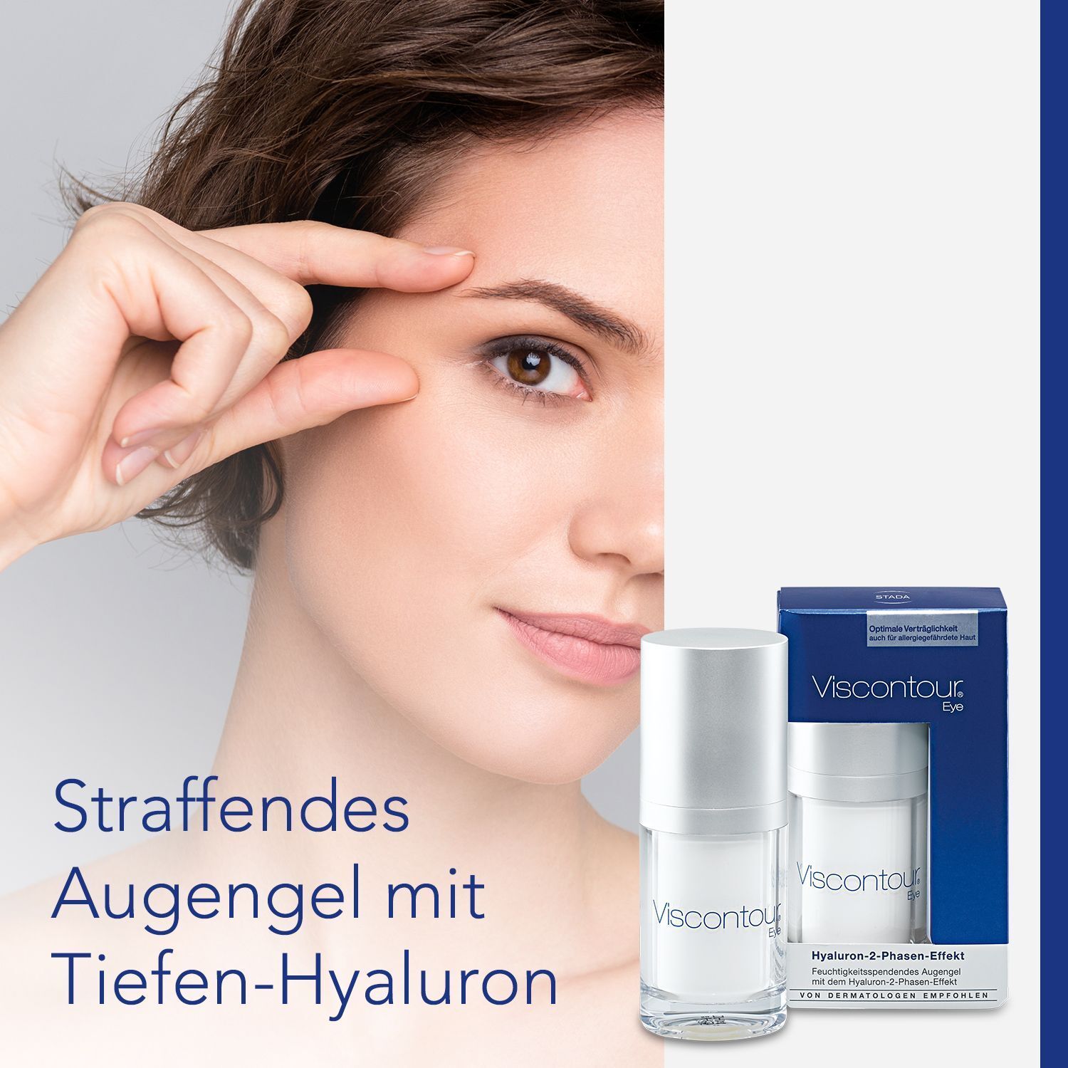 Frau berührt Haut unter dem Auge. Viscontour® Eye Augengel und Verpackung im Hintergrund. Text: Straffendes Augengel.