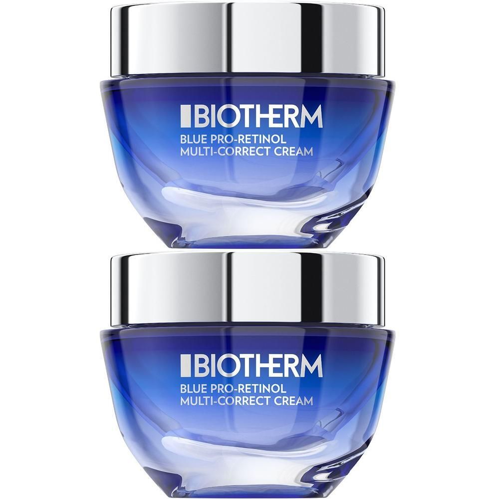 Zwei Tiegel BIOTHERM Blue Pro-Retinol Multi-Correct Cream. Blaue Gläser mit silbernen Deckeln.