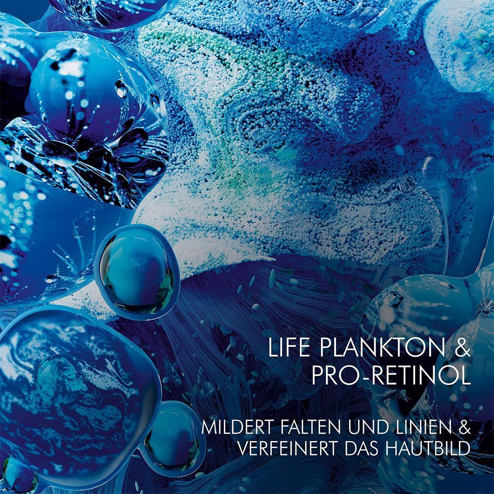 Abstrakte Darstellung mit blauen Kugeln und Text: LIFE PLANKTON & PRO-RETINOL. Mildert Falten und Linien & verfeinert das Hautbild.