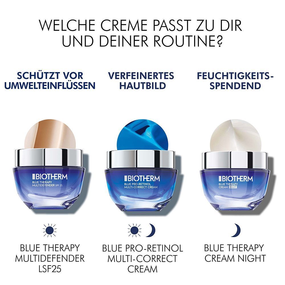 Drei BIOTHERM Cremes. Blue Therapy Multi-Defender LSF25, Blue Pro-Retinol Multi-Correct Cream, Blue Therapy Cream Night.