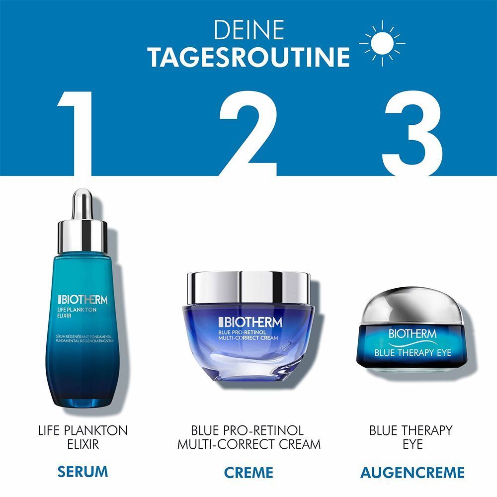 Drei BIOTHERM Produkte: Life Plankton Elixir Serum, Blue Pro-Retinol Multi-Correct Cream, Blue Therapy Eye. 