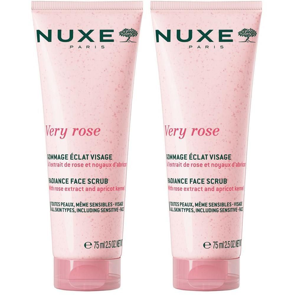 Zwei Tuben NUXE Very Rose Peeling Gel. Rosa Tuben mit weißer Schrift. Aufschrift: Very Rose, Gommage Éclat Visage, Radiance Face Scrub.