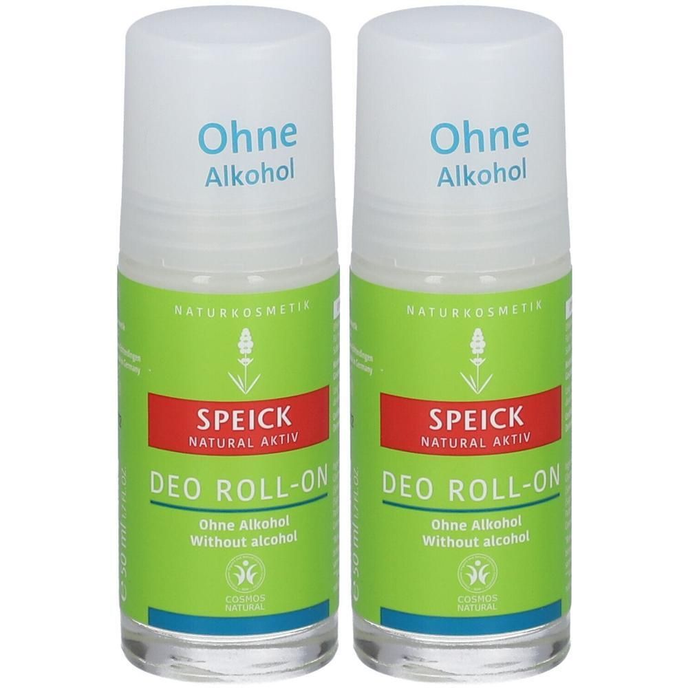 Zwei Roll-on Deodorants. Grün-weiß-rote Etiketten mit Text: SPEICK, Deo Roll-on, ohne Alkohol. Naturkosmetik-Siegel.