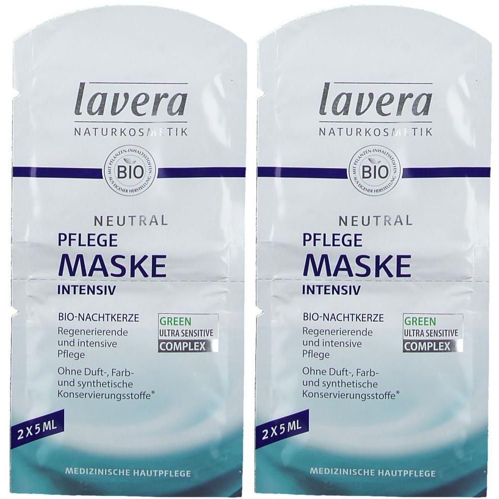 Zwei Beutel mit Gesichtsmaske. Aufschrift: lavera, Neutral, Pflege Maske, Intensiv. Mit Bio-Siegel und Green Ultra Sensitive Complex.