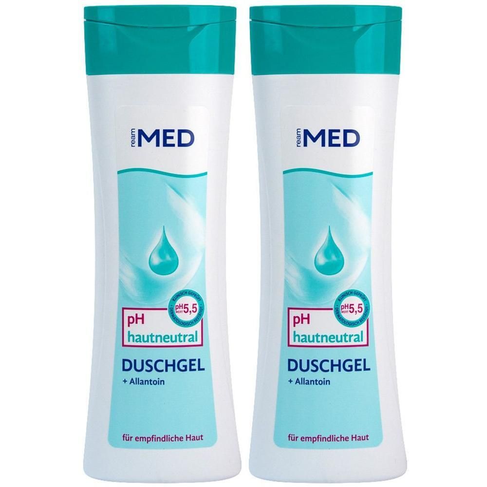 Zwei weiße Flaschen mit türkisfarbenen Deckeln. Aufschrift: MED, pH 5,5 hautneutral DUSCHGEL + Allantoin.