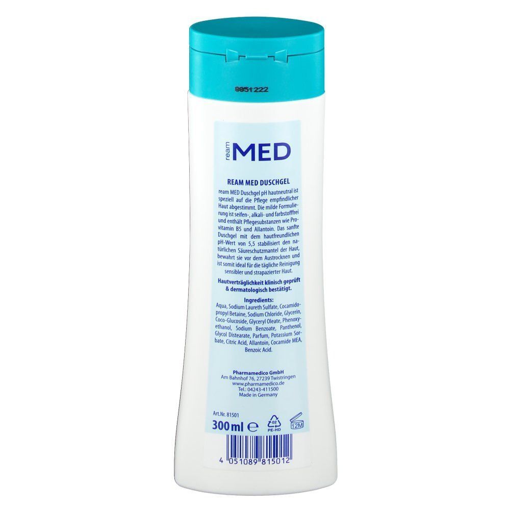 Weiße Flasche mit türkisfarbenem Deckel. Rückseite mit Text und Inhaltsstoffen. Aufschrift: MED, 300ml.