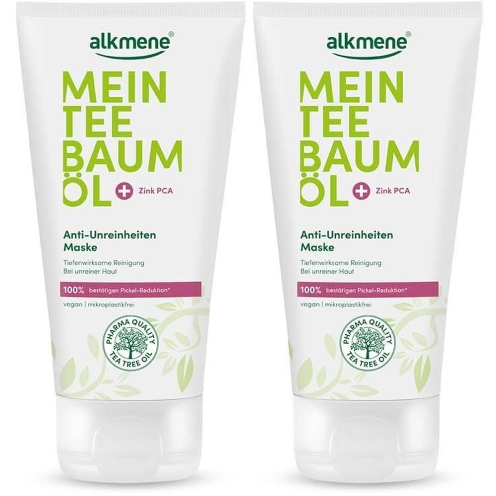 Zwei Tuben ALKMENE Mein Teebaumöl Anti-Unreinheiten Maske. Weiße Tuben mit grüner und pinker Beschriftung. Pharma Quality Siegel.