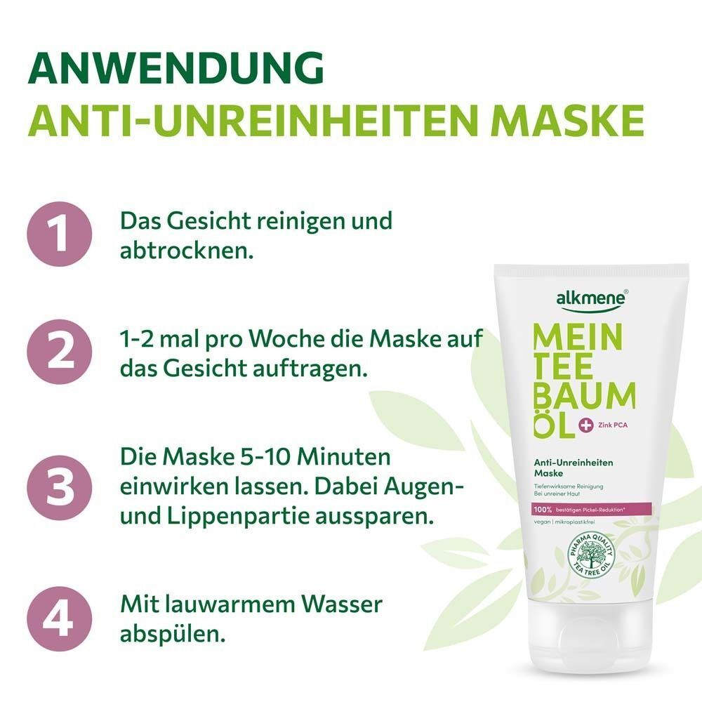 Anwendung der Anti-Unreinheiten Maske. Schritte: Gesicht reinigen, Maske auftragen, 5-10 Minuten einwirken lassen, abspülen.