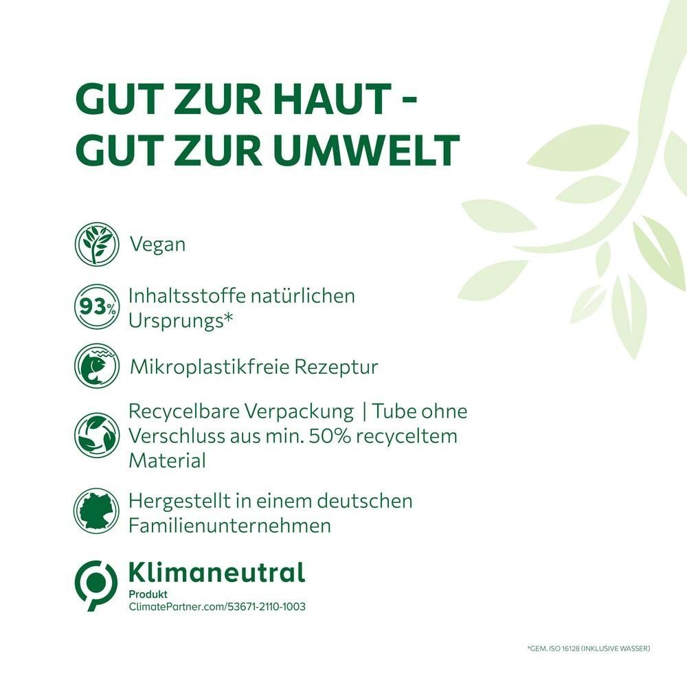 Text: Gut zur Haut - Gut zur Umwelt. Vegan, 93% Inhaltsstoffe natürlichen Ursprungs, mikroplastikfreie Rezeptur, recycelbare Verpackung.
