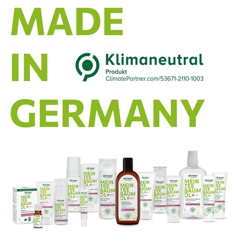 Made in Germany. Verschiedene ALKMENE Produkte, darunter Mein Teebaumöl Produkte. Klimaneutral Produkt.