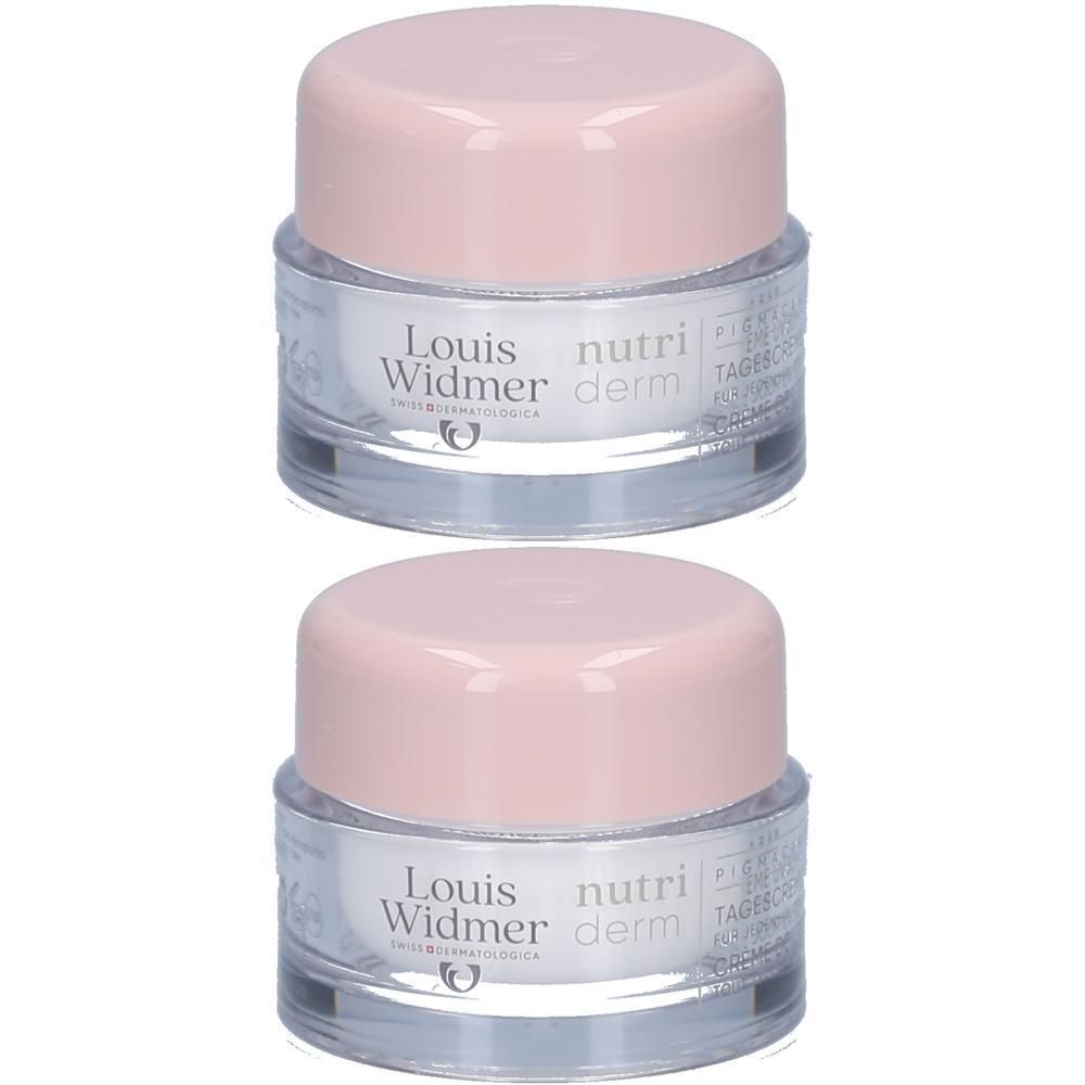 Zwei Tiegel Louis Widmer nutriderm Tagescreme UV 50+ mit rosa Deckel. Glasbehälter mit weißer Schrift.