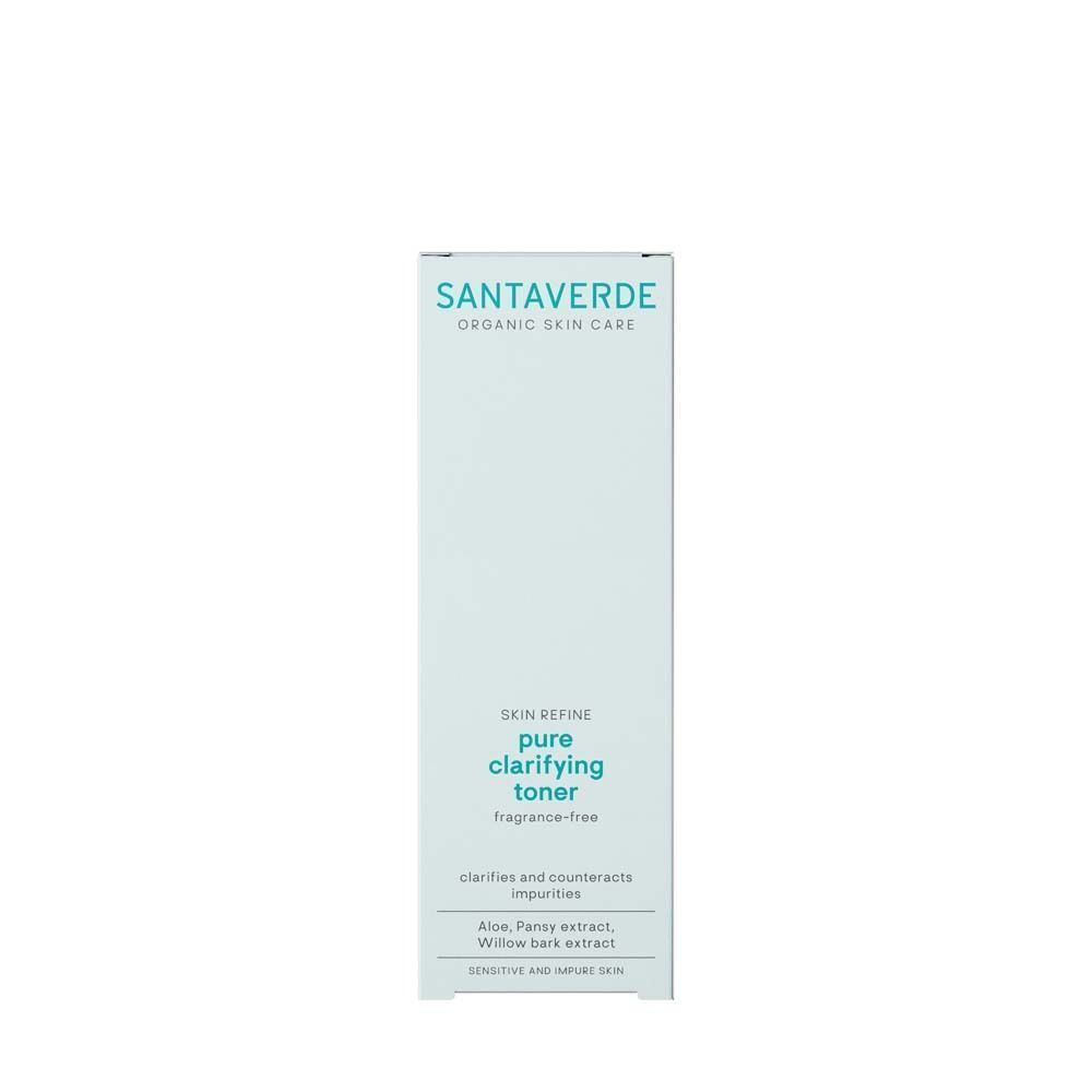 SANTAVERDE Toner-Verpackung. Hellblaue Schachtel mit Produktinformationen. Aufschrift: pure clarifying toner, fragrance-free.
