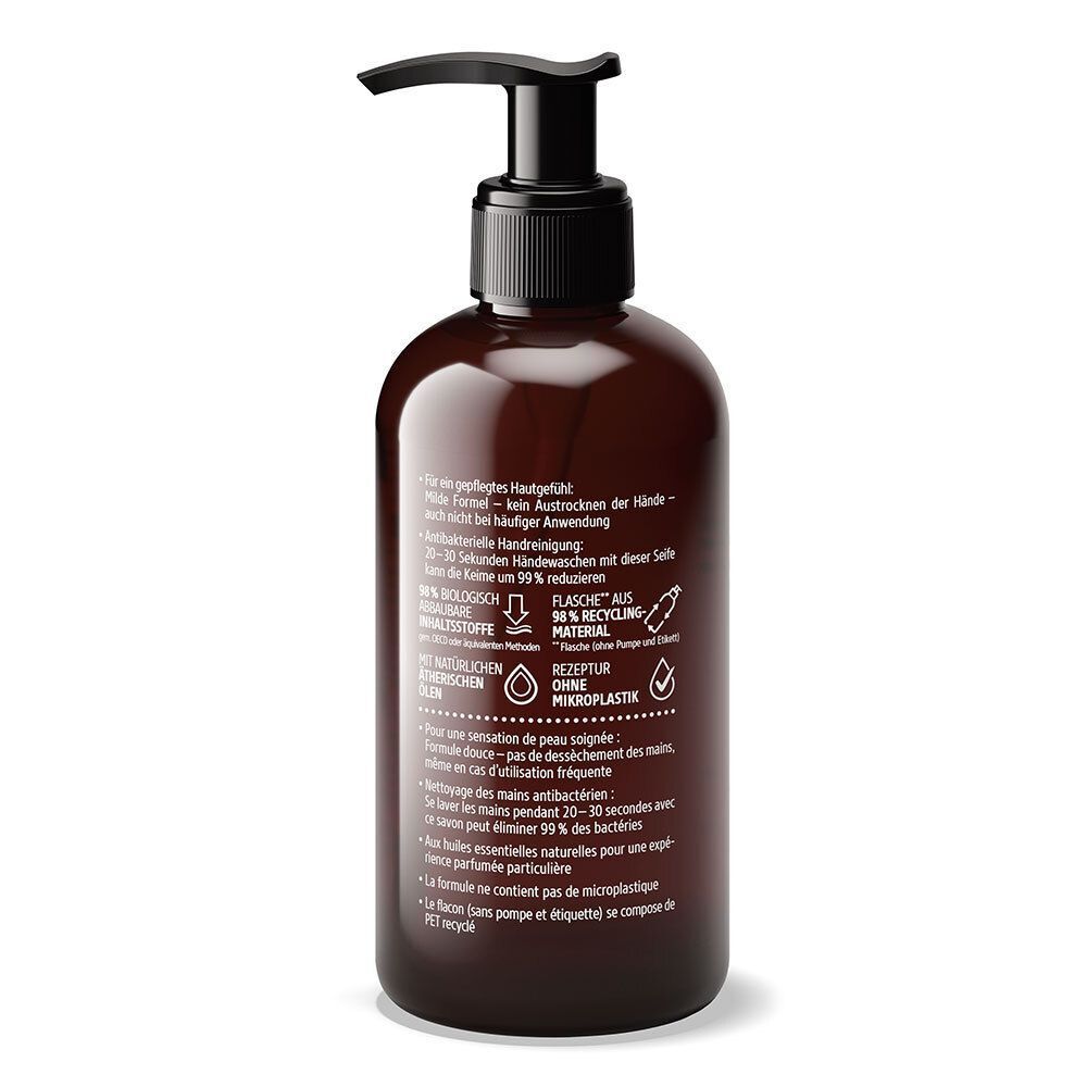 Rückseite einer braunen Pumpflasche Kneipp Seife Zitrone mit Anwendungshinweisen.