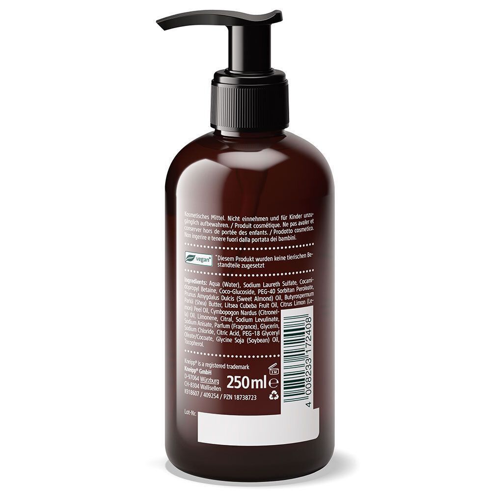 Rückseite einer braunen Pumpflasche Kneipp Seife Zitrone mit Inhaltsstoffen und 250ml Angabe.