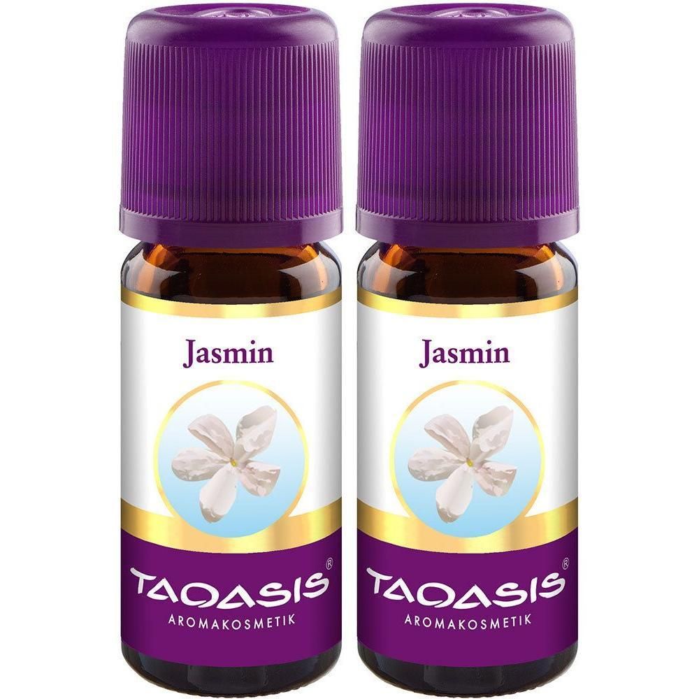 Zwei Flaschen mit lila Deckel. Aufschrift "Jasmin" und "TAOASIS AROMAKOSMETIK". Abbildung einer weißen Blüte.