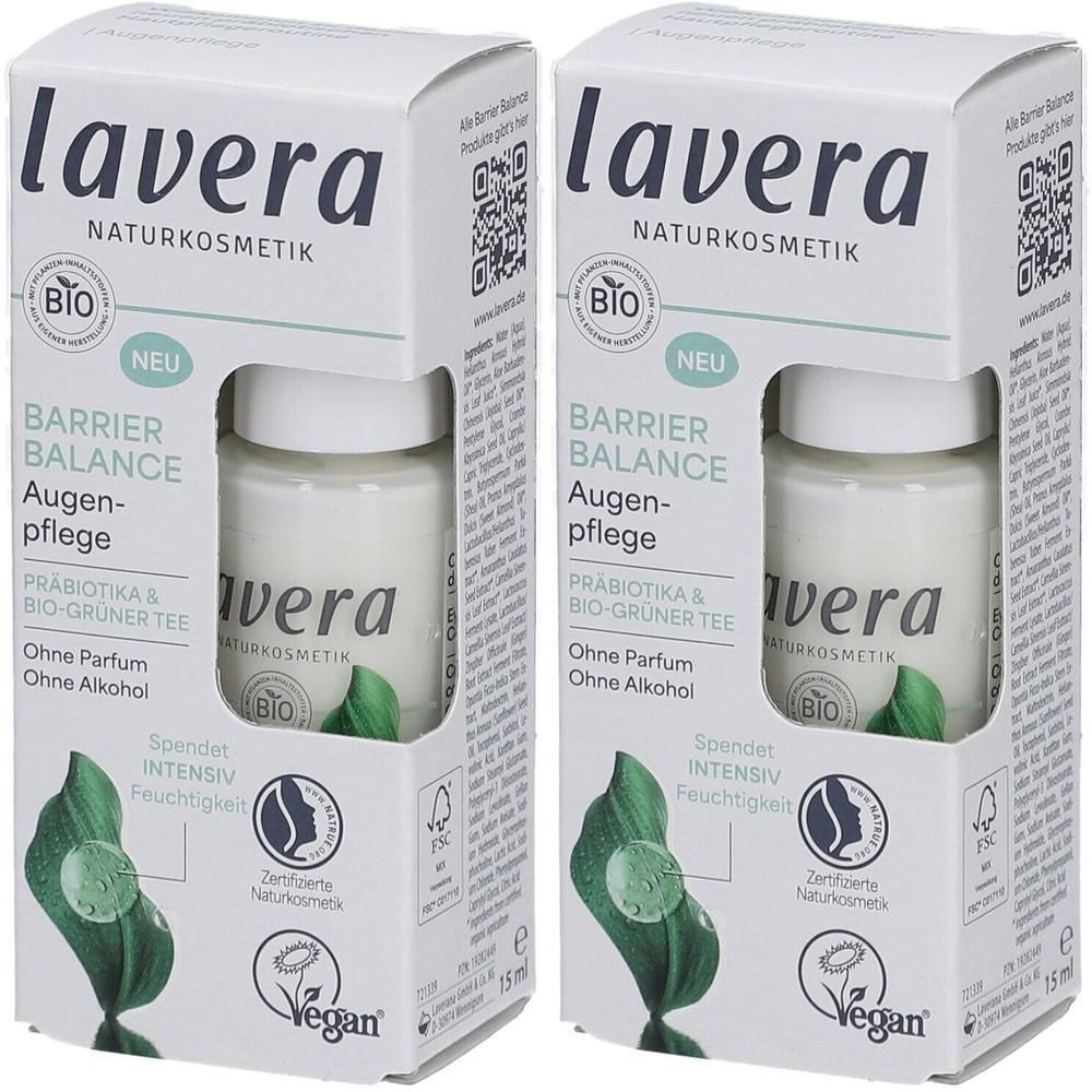 Zwei Packungen Augenpflege. Weiße Flaschen in Kartons. Aufschrift: lavera, Barrier Balance, Bio-Zertifizierung, Vegan.