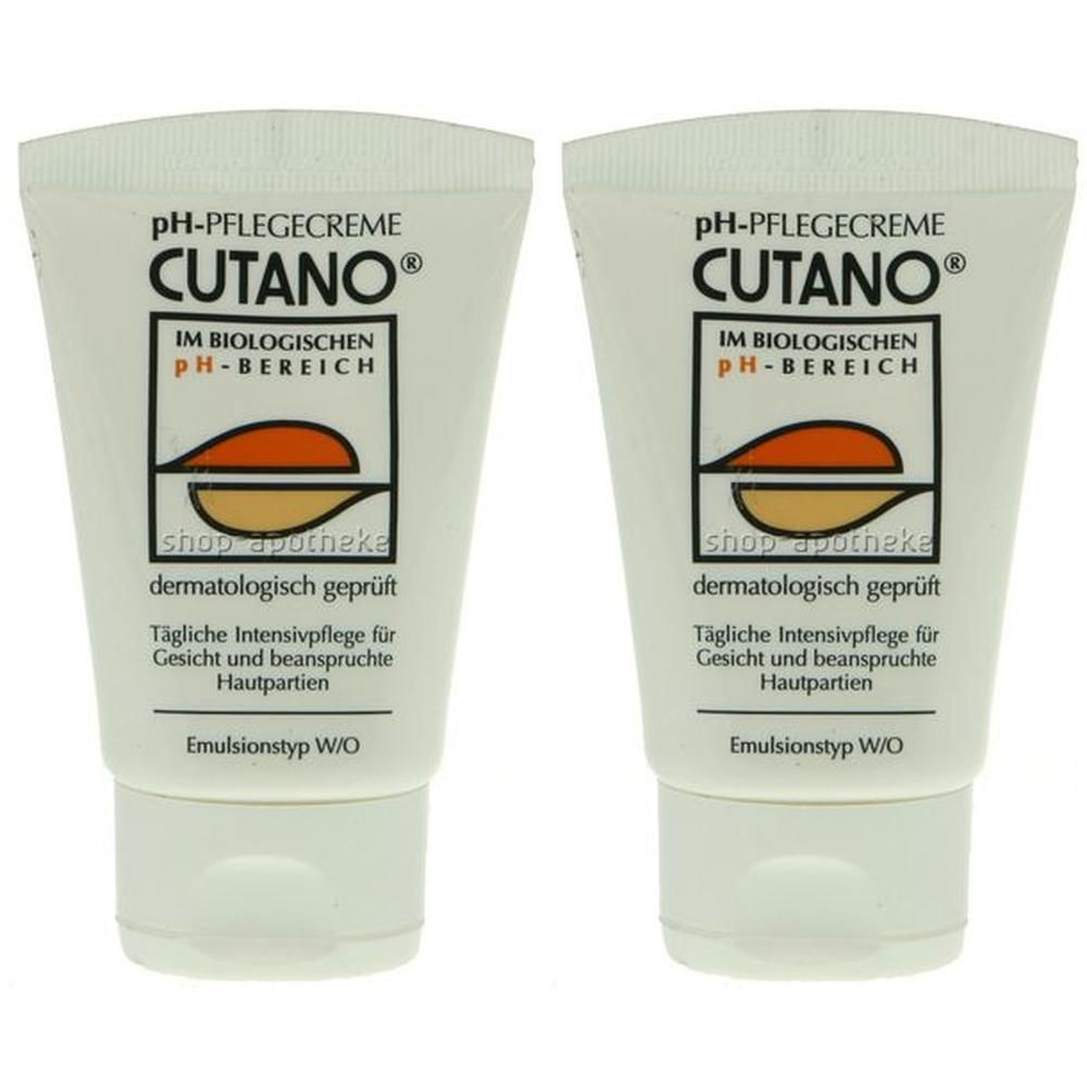 Zwei Tuben Cutano® Pflegecreme. Weiße Tuben mit Schriftzug und Logo. Aufschrift: pH-Pflegecreme, Cutano®, dermatologisch geprüft.