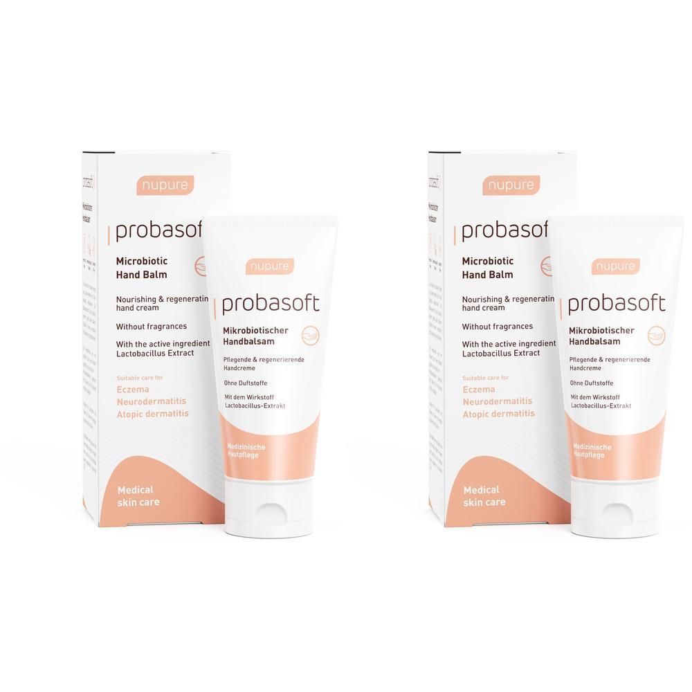 Zwei Tuben und Verpackungen der Handcreme. Auf der Verpackung steht "nupure probasoft".