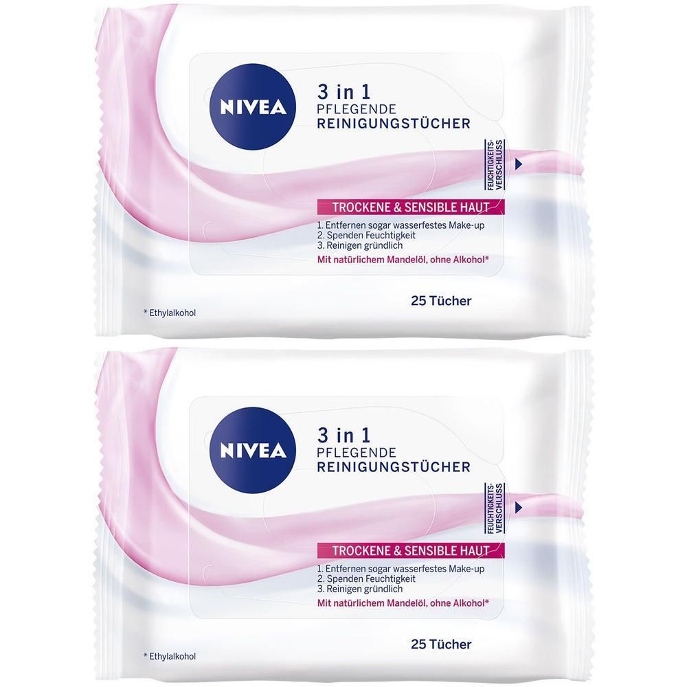 Zwei Packungen NIVEA Reinigungstücher. Weiße Verpackung mit rosa Akzenten und Produktinformationen. Text: 3 in 1, pflegende Reinigungstücher, 25 Tücher.