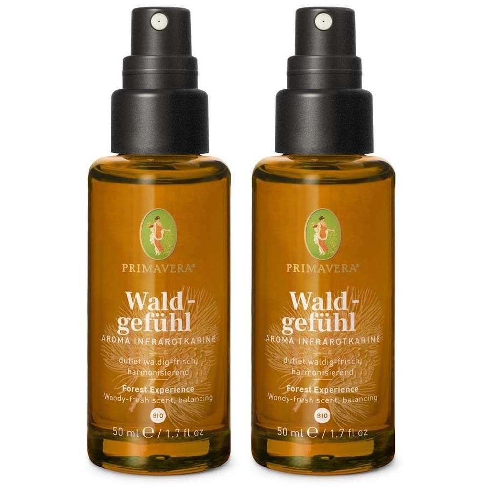Zwei braune Sprühflaschen mit schwarzem Sprühkopf. Aufschrift: PRIMAVERA, Waldgefühl, Aroma Infrarotkabine, 50 ml.