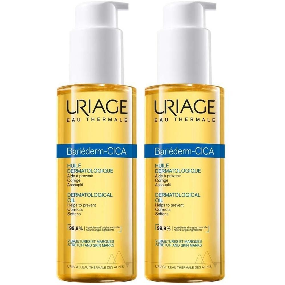 Zwei Flaschen URIAGE® Bariéderm-CICA Öl. Gelbe Flüssigkeit in transparenten Flaschen mit weißem Pumpkopf. Blaue Etiketten.