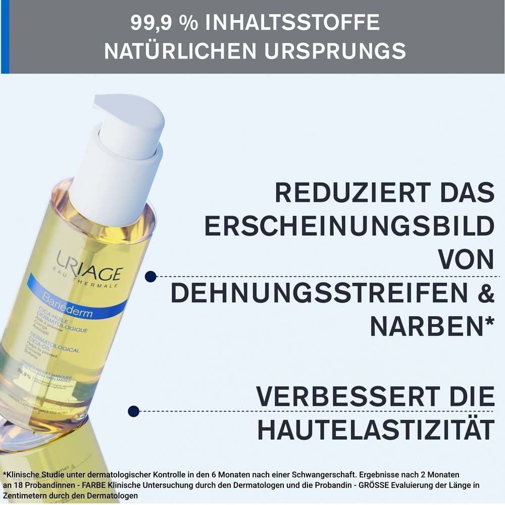 Flasche URIAGE® Bariéderm-CICA Öl. Text: Reduziert das Erscheinungsbild von Dehnungsstreifen & Narben. Verbessert die Hautelastizität. 99,9% natürlich.