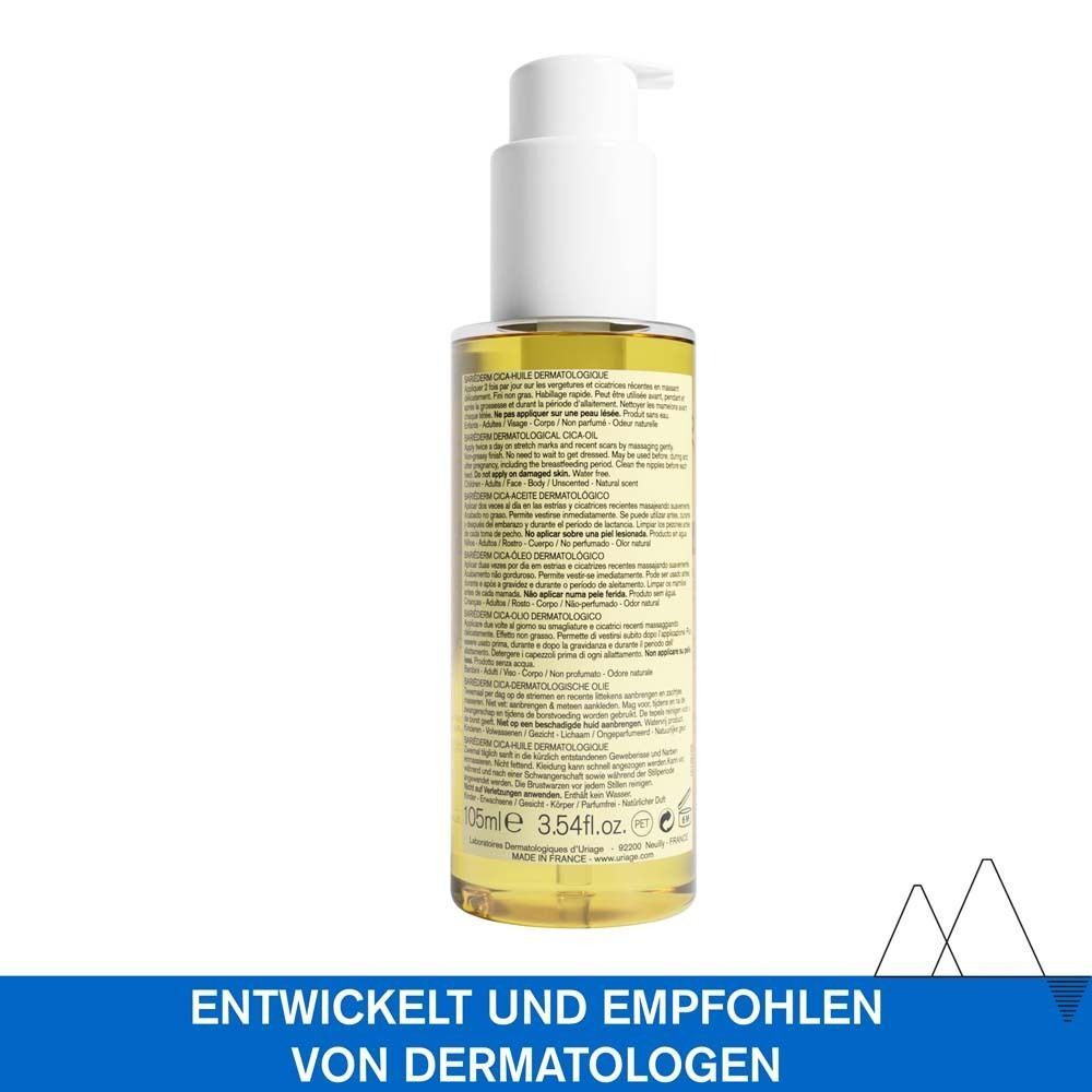 Drei Produkte: URIAGE® Reinigungsgel, Thermalwasser, Öl. Alle mit URIAGE® Logo. Ölflasche mit Pumpkopf.