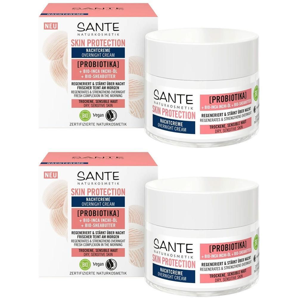 Zwei Cremes und Verpackungen. Aufschrift: SKIN PROTECTION Nachtcreme Probiotika. Bio-Siegel. Rosa und weiß.