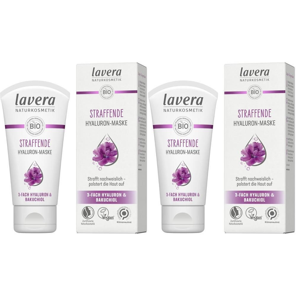 Zwei Tuben und zwei Kartons. Aufdruck: lavera, BIO, Straffende Hyaluron-Maske, 3-fach Hyaluron & Bakuchiol. Lila Blüte.