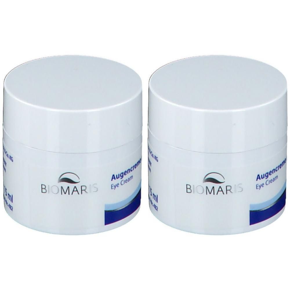 Zwei weiße Tiegel mit Deckel. Aufschrift BIOMARIS, Augencreme, Eye Cream. Blaue Zierlinie. Runde Form.