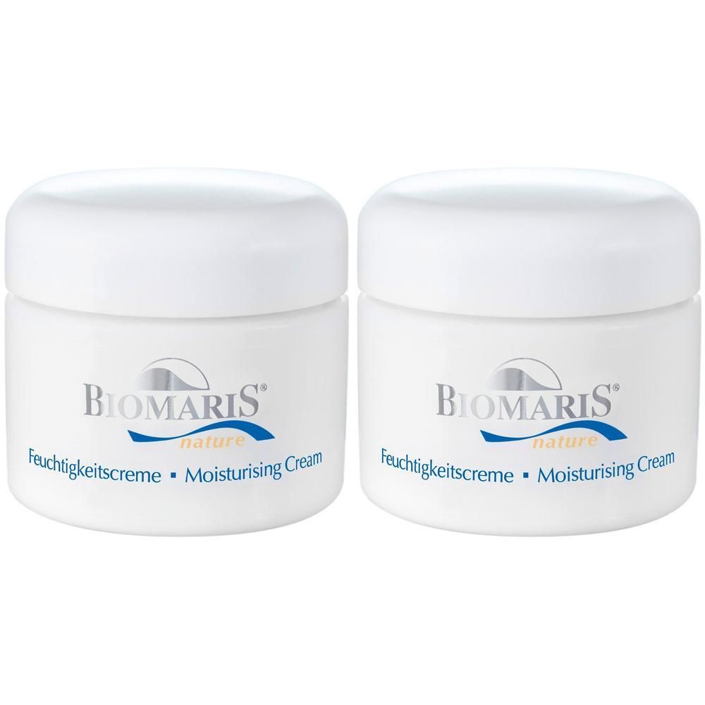 Zwei weiße Tiegel mit Deckel. Aufschrift: BIOMARIS nature Feuchtigkeitscreme • Moisturising Cream.