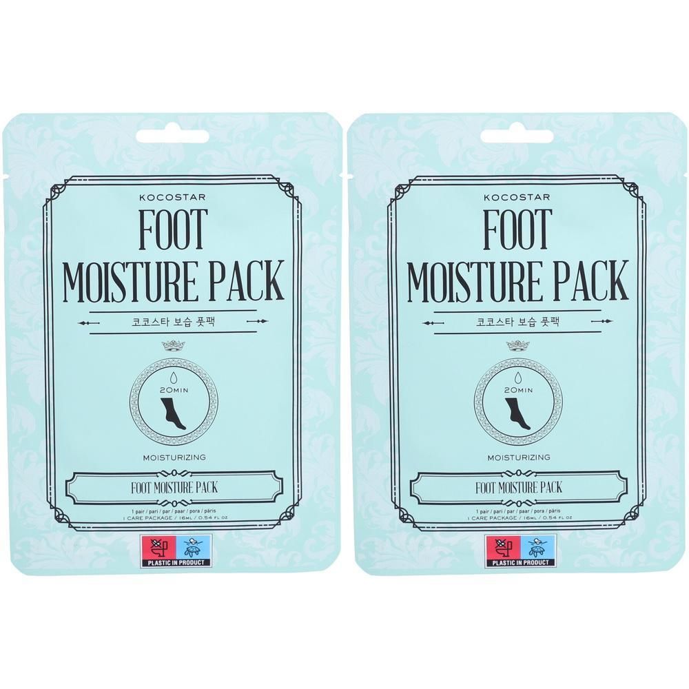 Zwei KOCOSTAR Foot Moisture Pack-Verpackungen. Hellblaue Beutel mit schwarzer Schrift. Enthält das Wort „Foot Moisture Pack“.