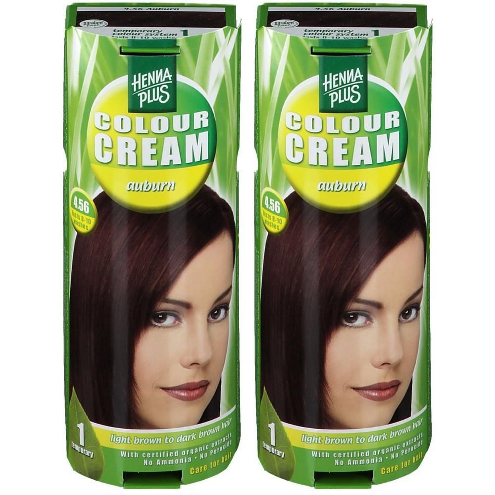 Zwei Packungen Haarfarbe. Aufschrift: HENNAPLUS Colour Cream auburn 4,56. Abbildung einer Frau mit braunen Haaren.