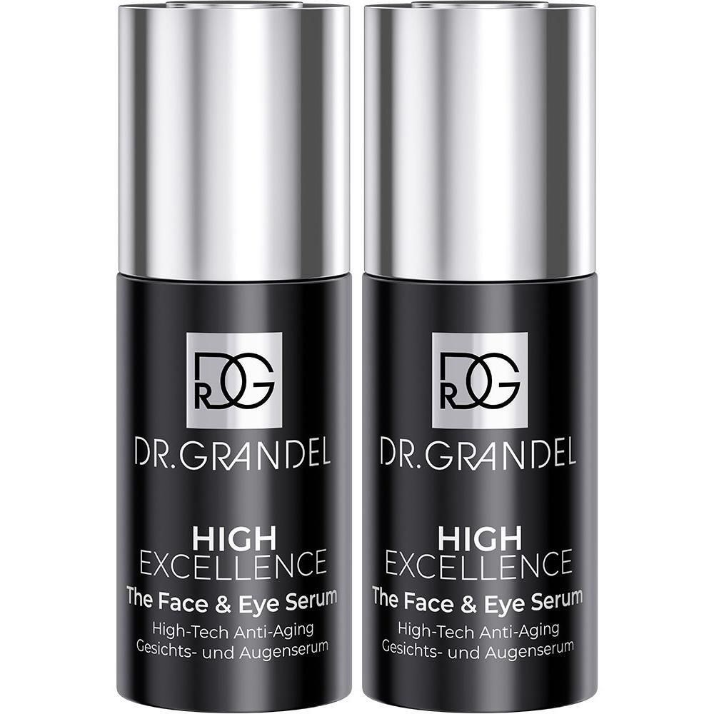 Zwei Flaschen Serum. Schwarze zylindrische Flaschen mit silbernen Deckeln. Aufschrift: DR. GRANDEL, HIGH EXCELLENCE, The Face & Eye Serum.