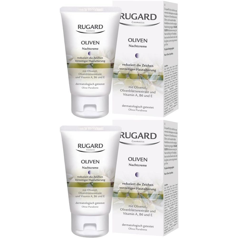 Zwei Tuben und zwei Kartons. Auf den Tuben steht "RUGARD OLIVEN Nachtcreme". Auf den Kartons steht "OLIVEN Nachtcreme".