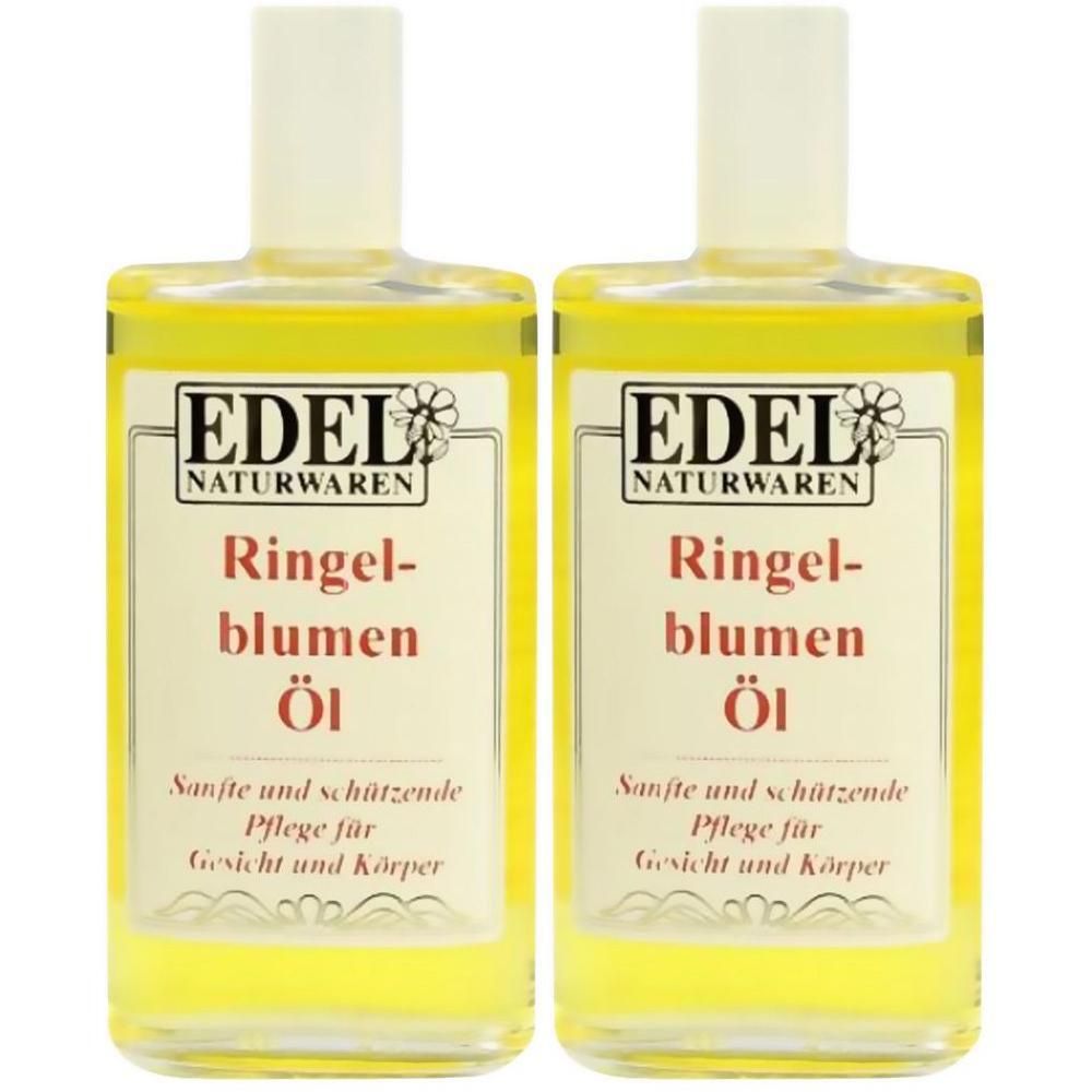 Zwei Flaschen EDEL NATURWAREN Ringelblumen-Öl. Gelbe Flüssigkeit in Glasflaschen mit weißem Verschluss. Beschriftung: Ringelblumen Öl.