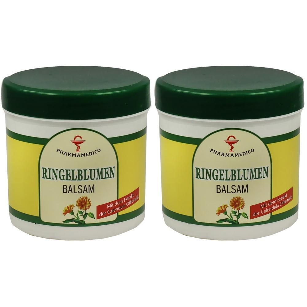 Zwei runde Tiegel mit grünem Deckel. Auf gelbem Hintergrund steht "RINGELBLUMEN BALSAM". Logo und Schriftzug "PHARMAMEDICO".