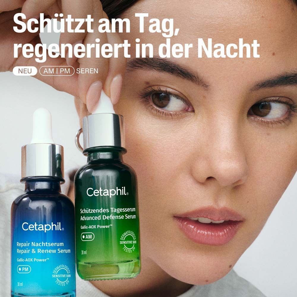 Zwei Cetaphil Seren: Repair Nachtserum (blau) und Advanced Defense Serum (grün).