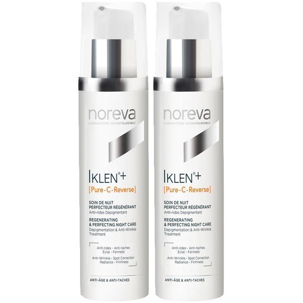 Zwei weiße Flaschen mit silbernen Pumpköpfen. Aufschrift: Noreva, IKLEN+ Pure-C-Reverse, Regenerating & Perfecting Night Care.
