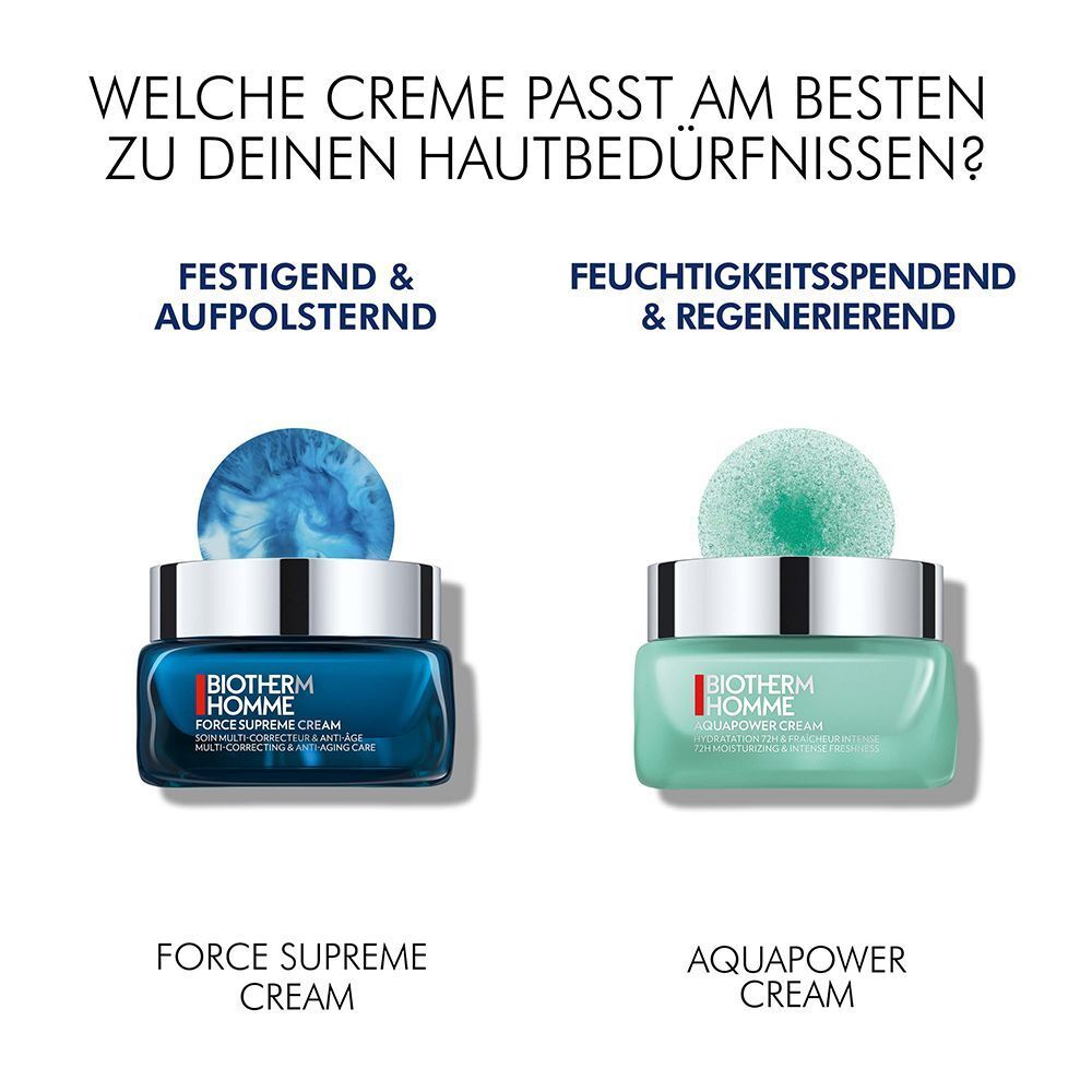 Zwei Tiegel auf einer Oberfläche. Links ein blauer Tiegel, rechts ein grüner Tiegel. Text: FORCE SUPREME CREAM und AQUAPOWER CREAM.